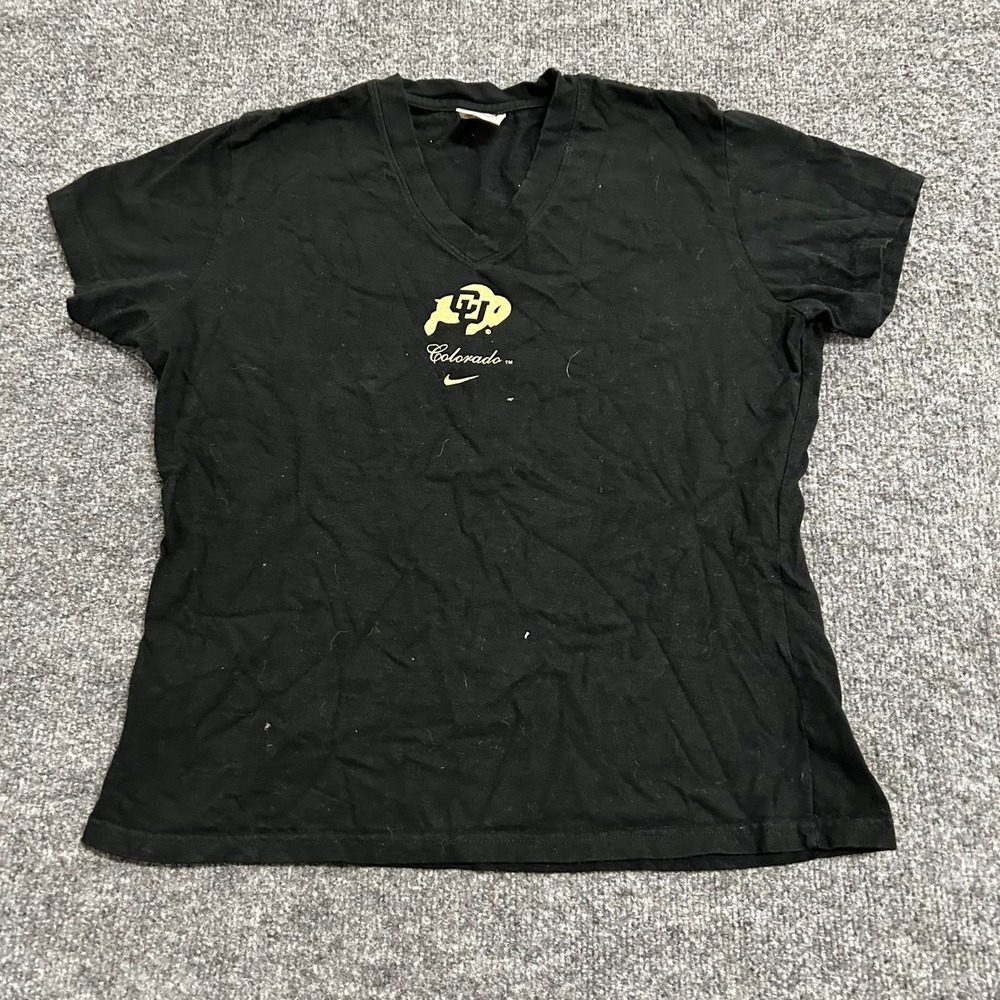Nike T-Shirt Womens Size L Black Colorado Buffaloes V-Neck Cotton Short Sleeve